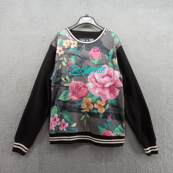 Super Massive Other - Super Massive Sweater‎ Mens Large Black Pink Flowers Checkmate Pullover Crew